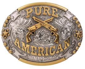Crossed Pistols buckle says Pure American